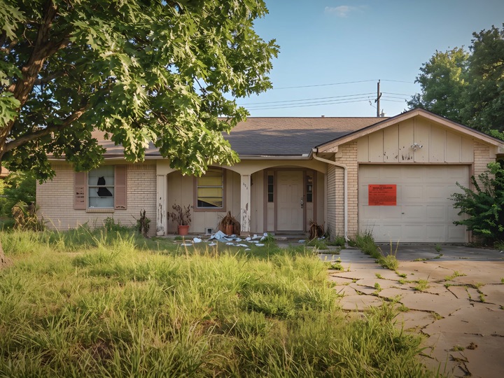 Vacant house with a red notice of violation posted on the garage door and an overgrown front yard in Dallas-Fort Worth