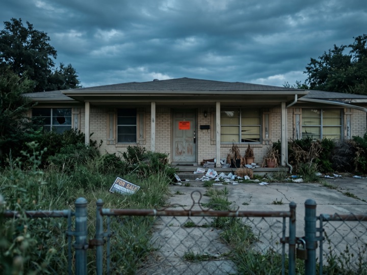 Vacant tax-delinquent home with an overgrown yard and a notice posted on the door
