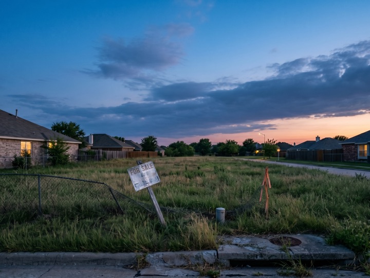 Vacant residential lot at dusk with a for-sale sign between neighboring homes